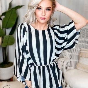 Black and white Striped Baby Doll Top w/ tie back